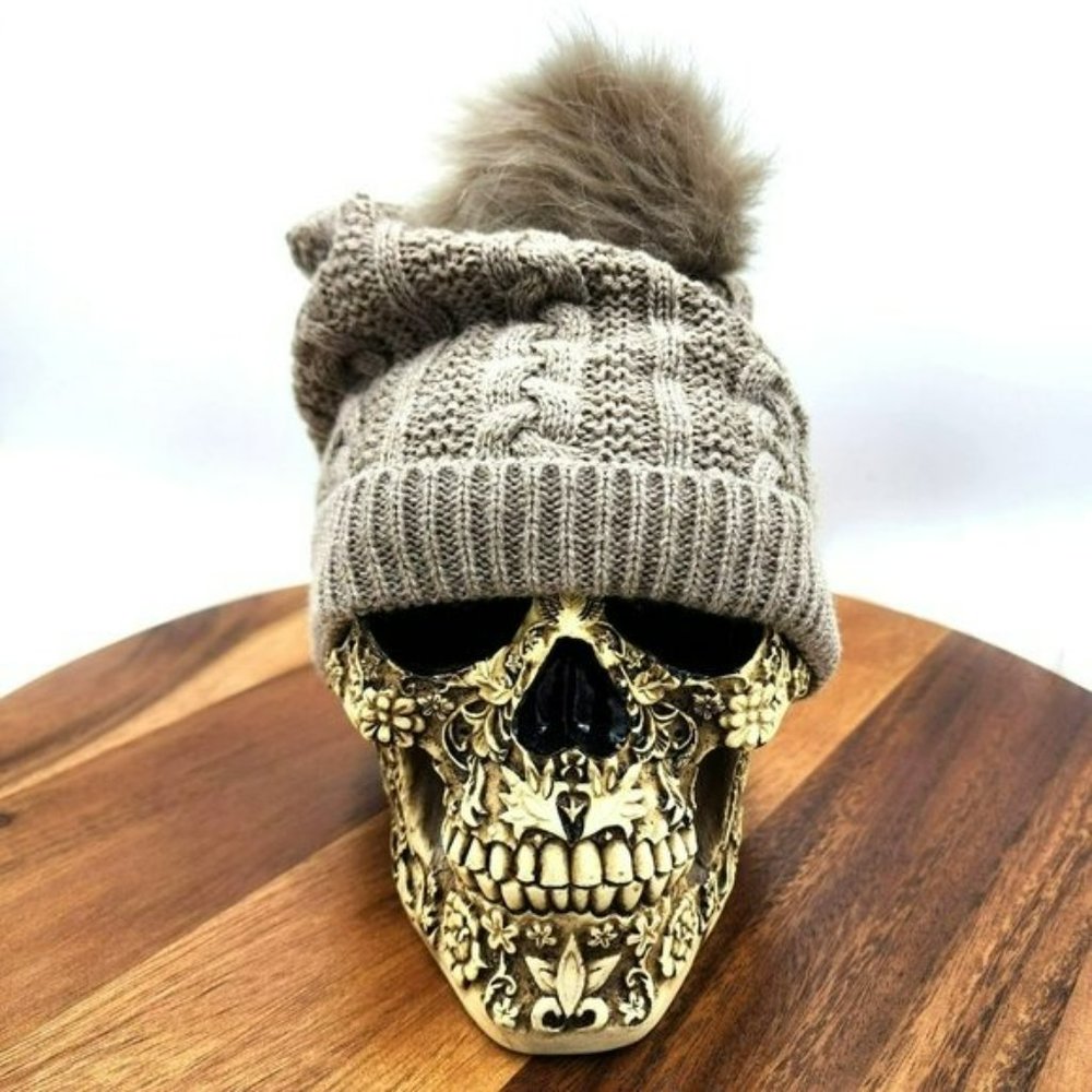 NY&CO Beanie Hat Taupe Brown Cable Knit Faux Fur PomPom Fold Over Thin Slouchie